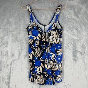 Byron Blue Swimdress Womens US 12 Blue Black Tropical Print Padded Slimming